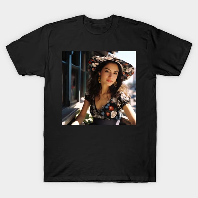 Smiling Female Model with Long Brown Hair and Fashionable Clothing T-Shirt by Maverick Media